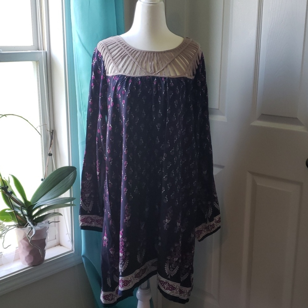 Kori Navy Fuschia Floral Long Sleeved Midi Dress